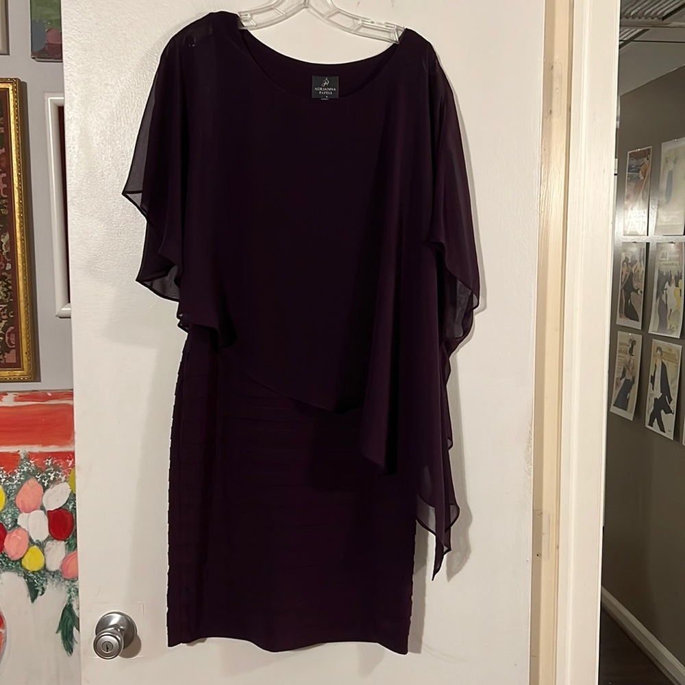 Adrianna Papell plum sleeveless dress w/chiffon asymmetrical overlay